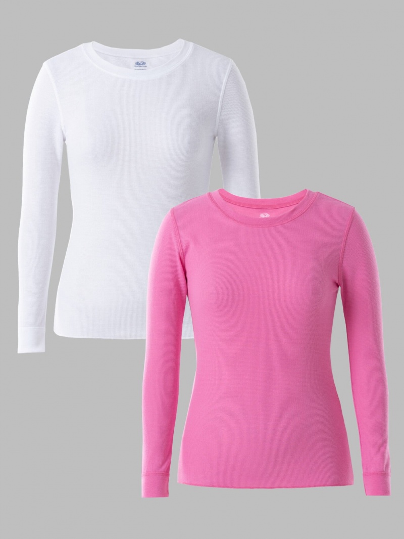 Pink Berry/White Fruit Of The Loom Crew Neck Thermal, 2 Pack Women's Tops | HZQ219683