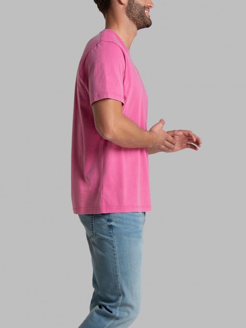 Pink Flash Fruit Of The Loom Garment Dyed Crew Men's T Shirts | NRF480391