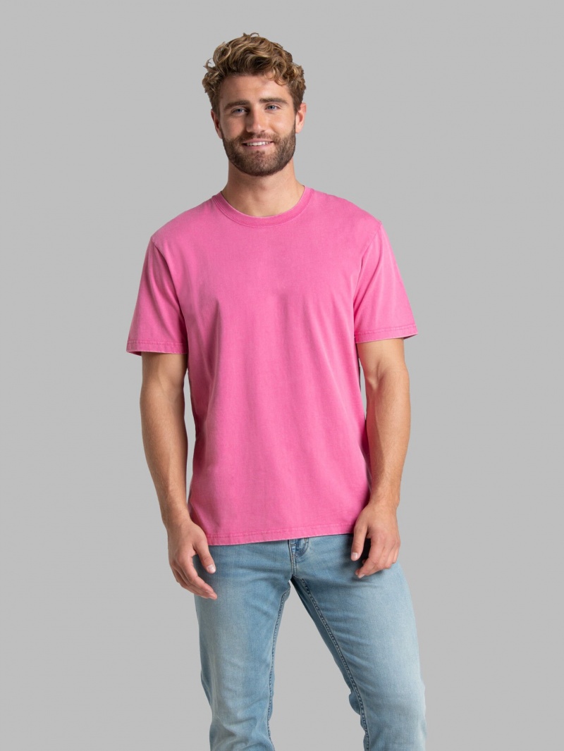 Pink Flash Fruit Of The Loom Garment Dyed Crew Men\'s T Shirts | NRF480391