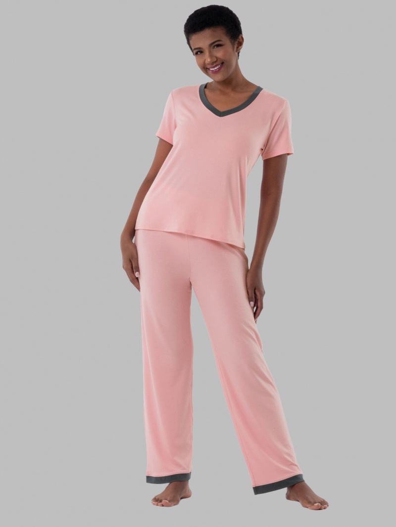 Pink Fruit Of The Loom Soft Breathable V-Neck Pant, 2-Piece Set Women\'s Pajamas | UXY163254