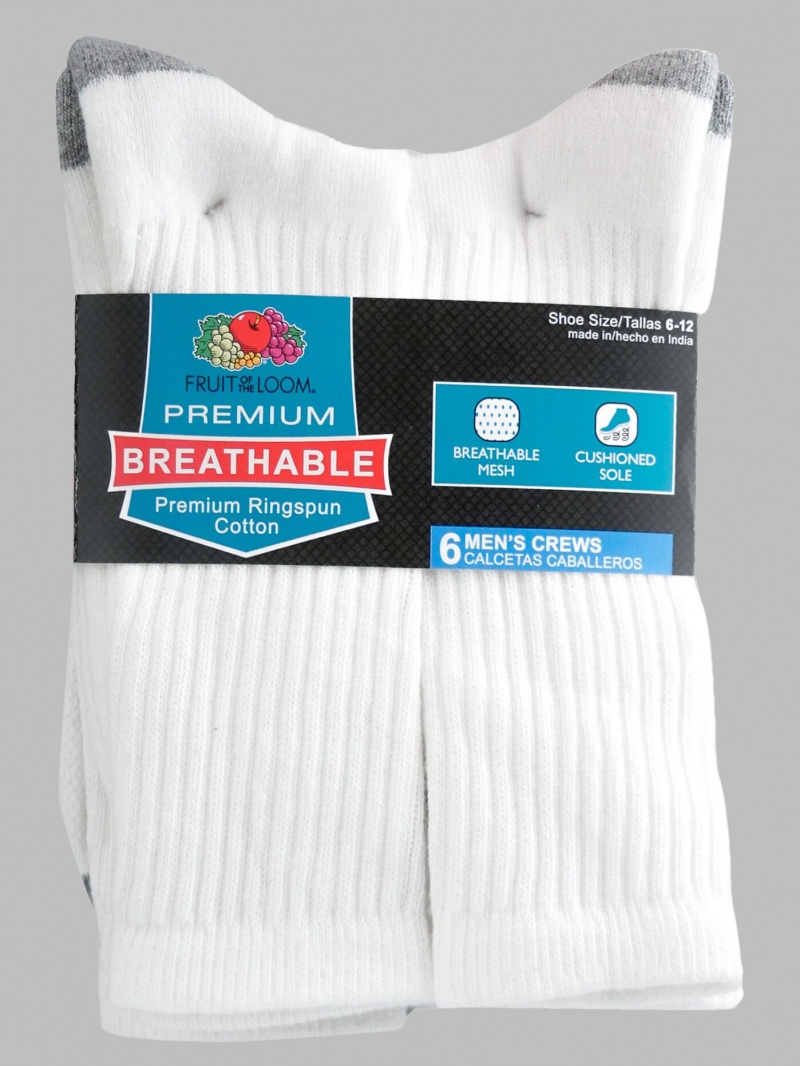 White Fruit Of The Loom Breathable Crew, 6 Pack Men's Socks | PJX532746