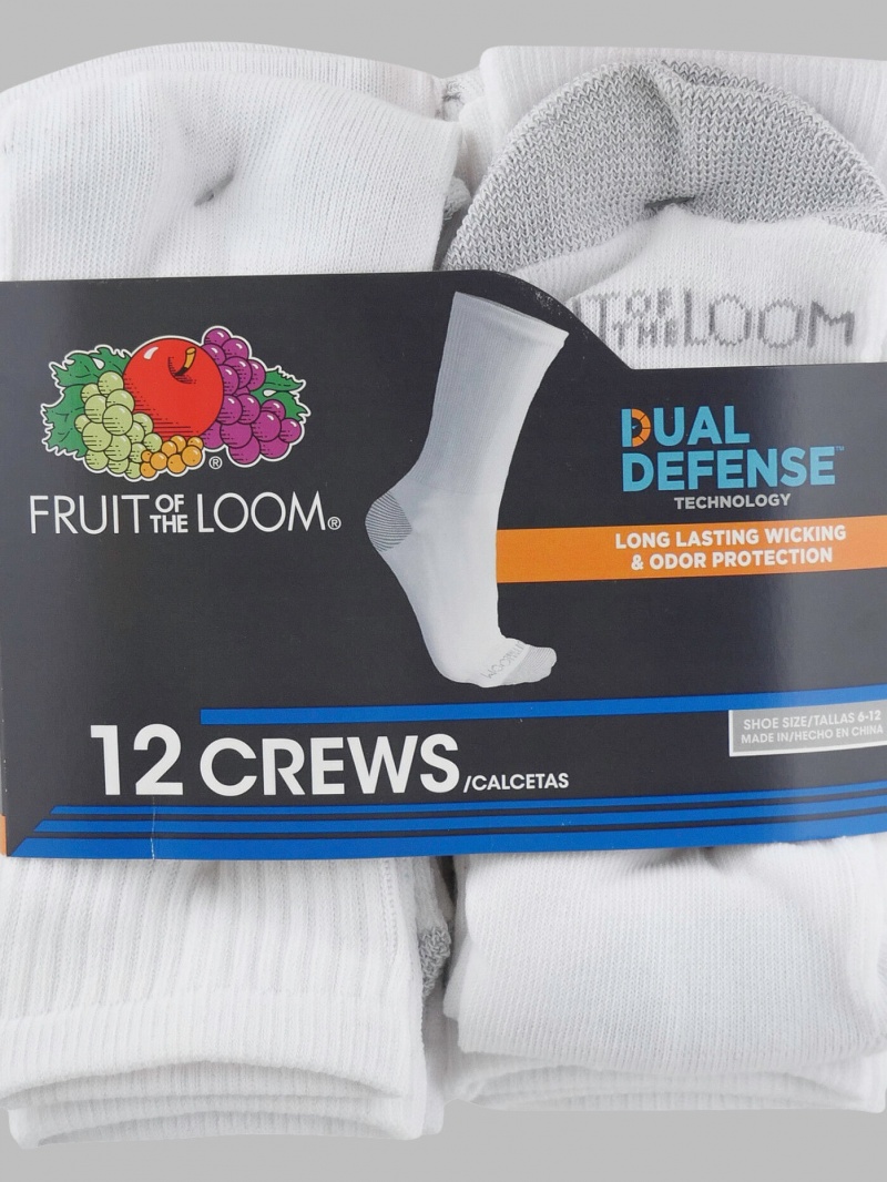 White Fruit Of The Loom Dual Defense® Crew, 12 Pack Men's Socks | CFE231856