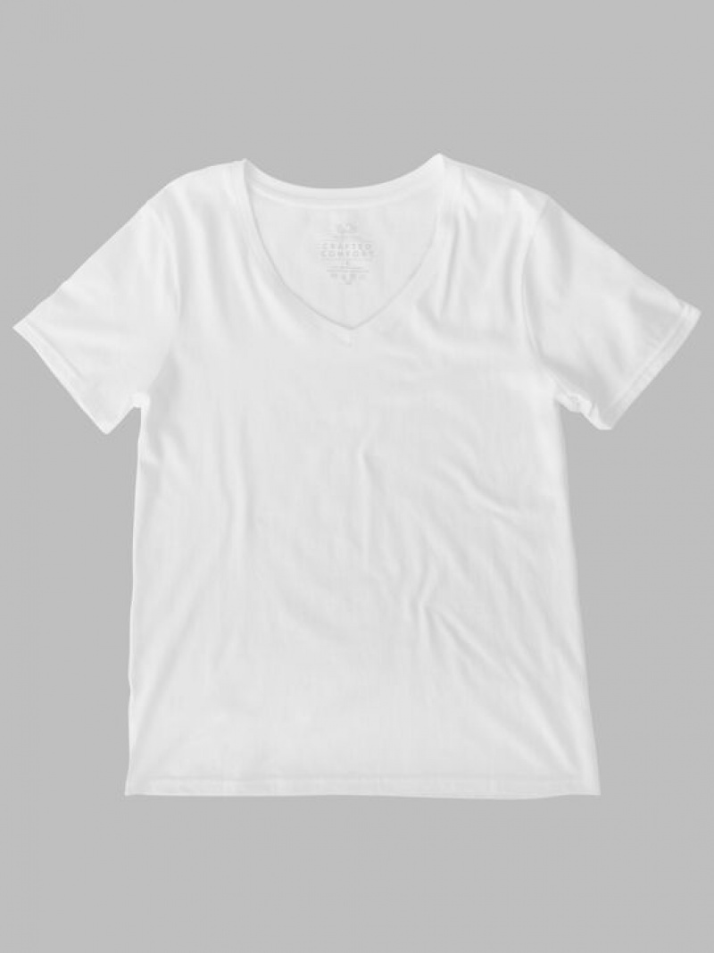 White Ice Fruit Of The Loom Crafted Comfort Artisan Tee™ V-Neck Women\'s T Shirts | XCS605498